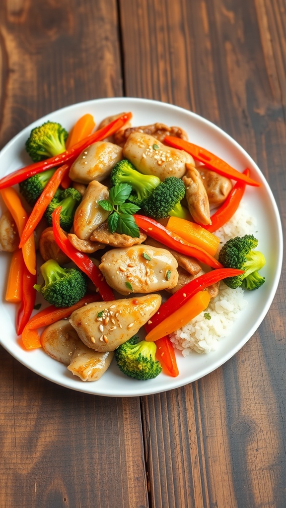 Colorful stir-fry with chicken and vegetables, garnished with sesame seeds on a rustic table.
